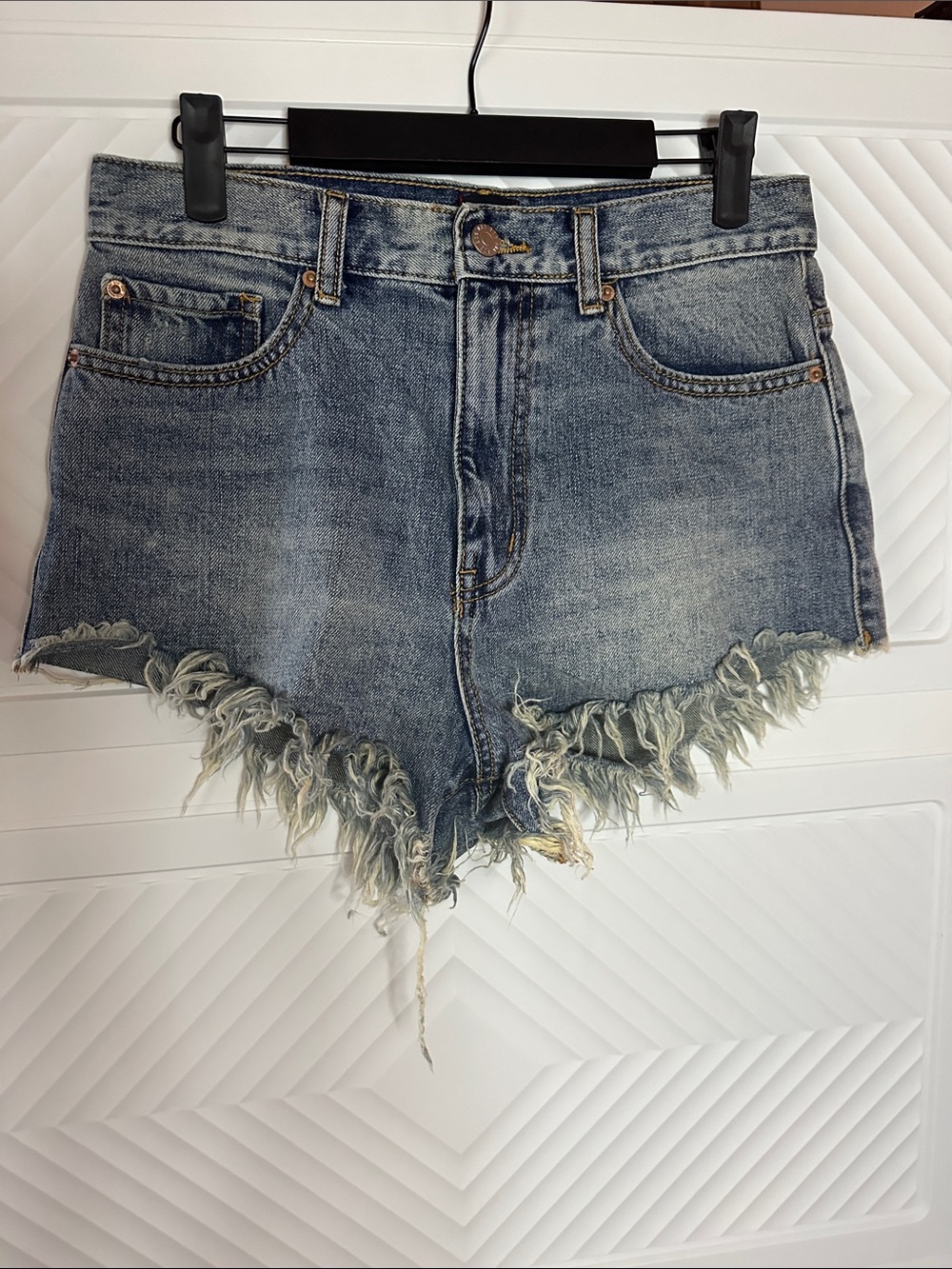 BDG Washed Blue High-Rise Frayed Hem Denim Cutoff Shorts